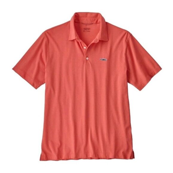 Patagonia Trout X Fitz Roy Polo Shirt Knit Top Coral Jersey Knit Men Medium Logo - Picture 1 of 6